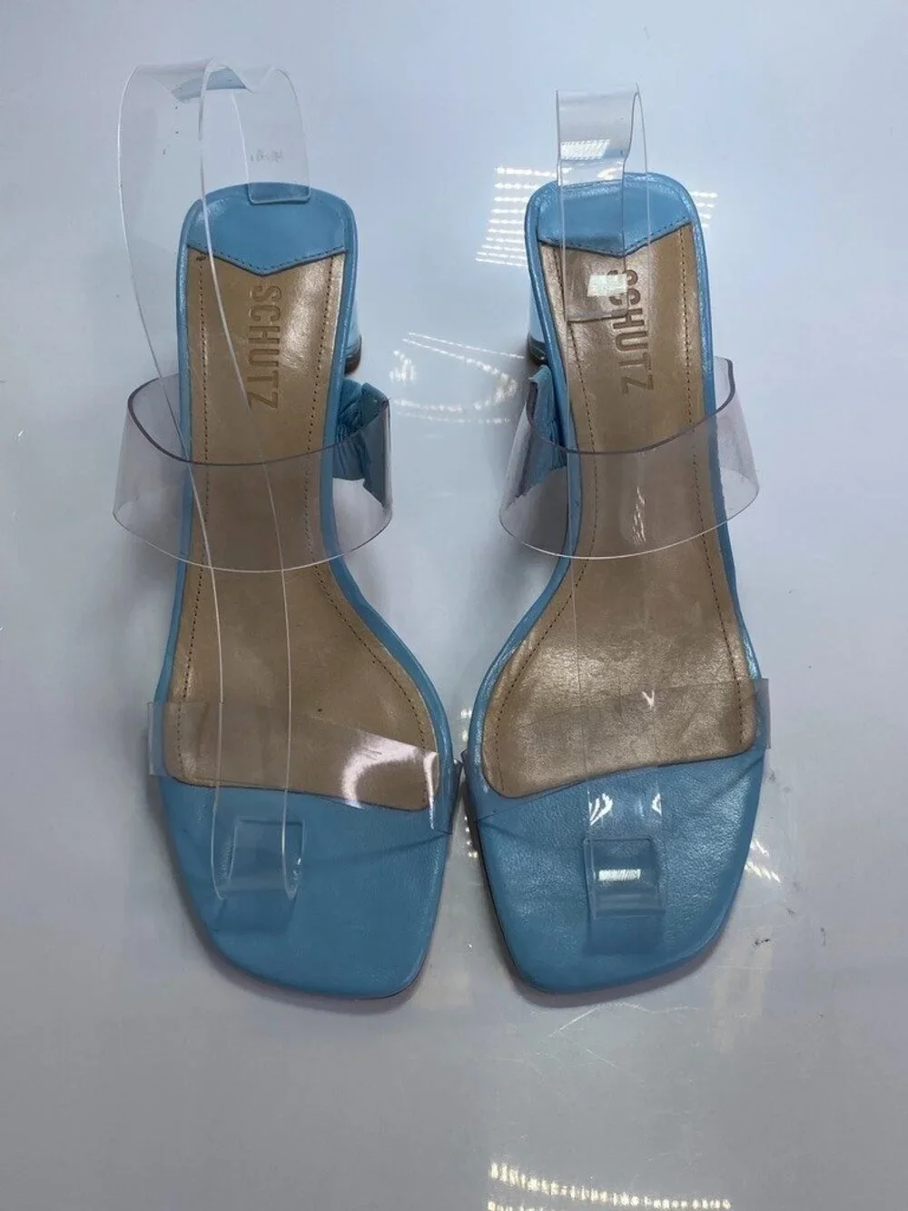 Schutz Women's Ariella Acrylic Mid Clear Blue Strap Sandal Sz 8.5